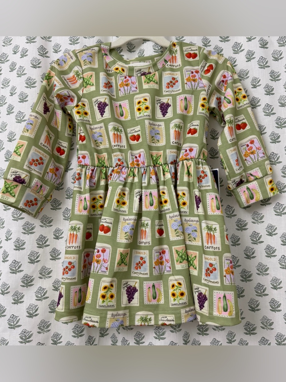 Mabel + Honey | Girls' Olive Green Vegetable & Floral Print Long Sleeve Dress